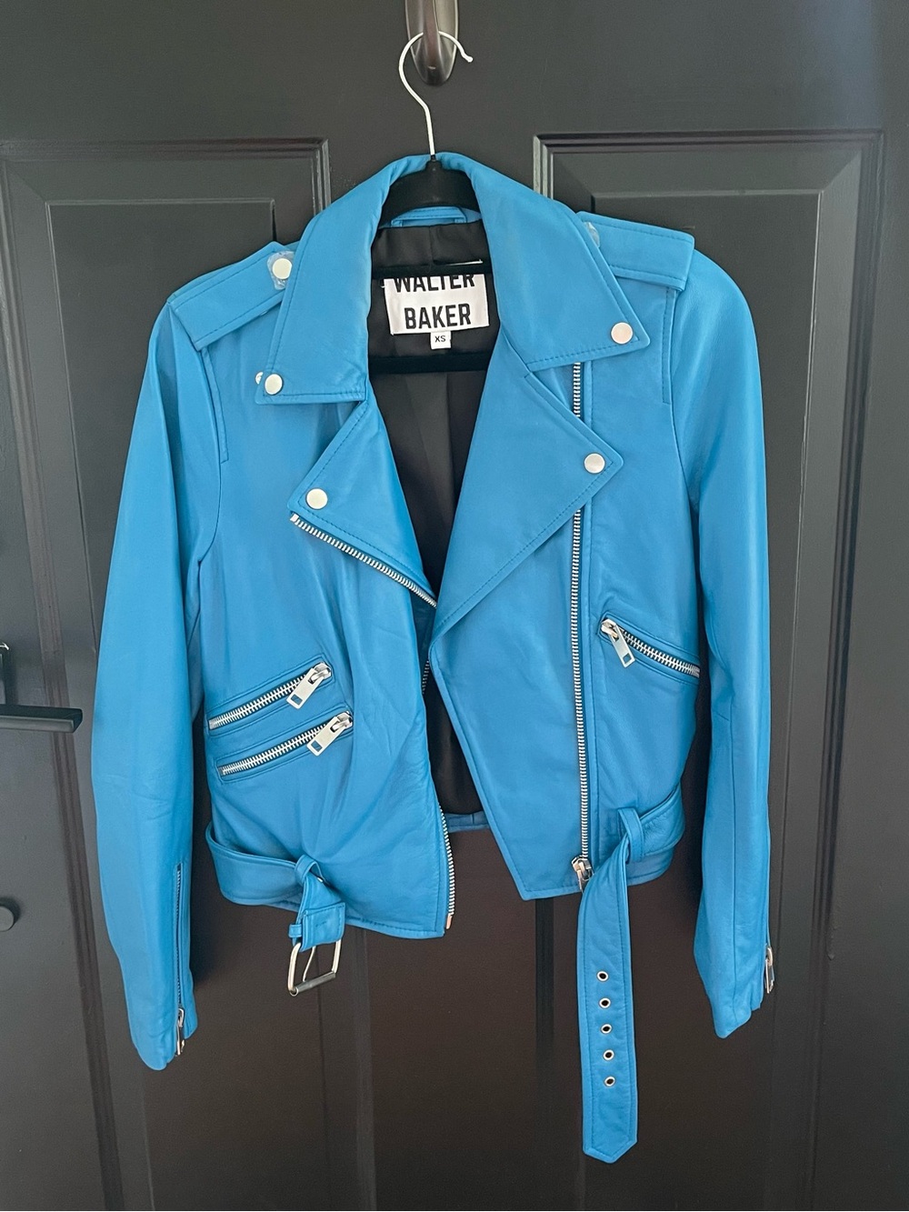 Walter Baker Bright Blue Leather Moto Jacket with Belt. Never worn